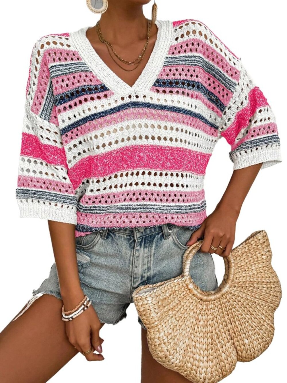 Acelitt Striped Short Sleeve Sweaters for Women 2026 Summer Fashion Trendy Knitt